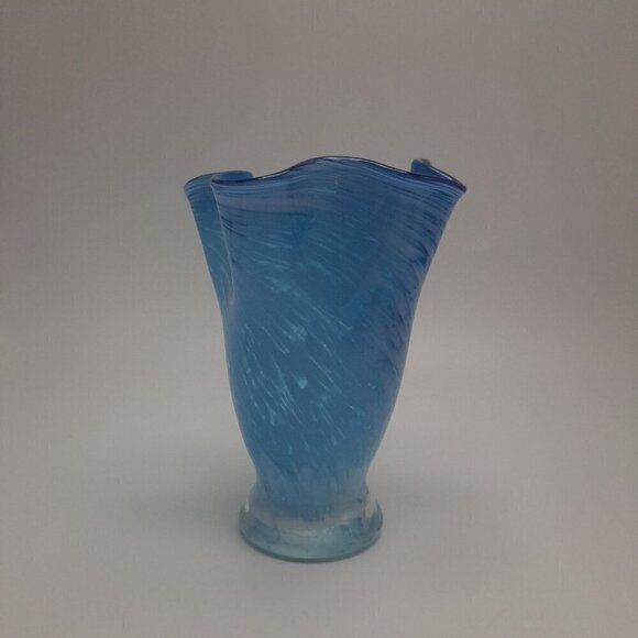 Vintage Blown Glass Swung Ruffled Blue Vase - Picture 7 of 7